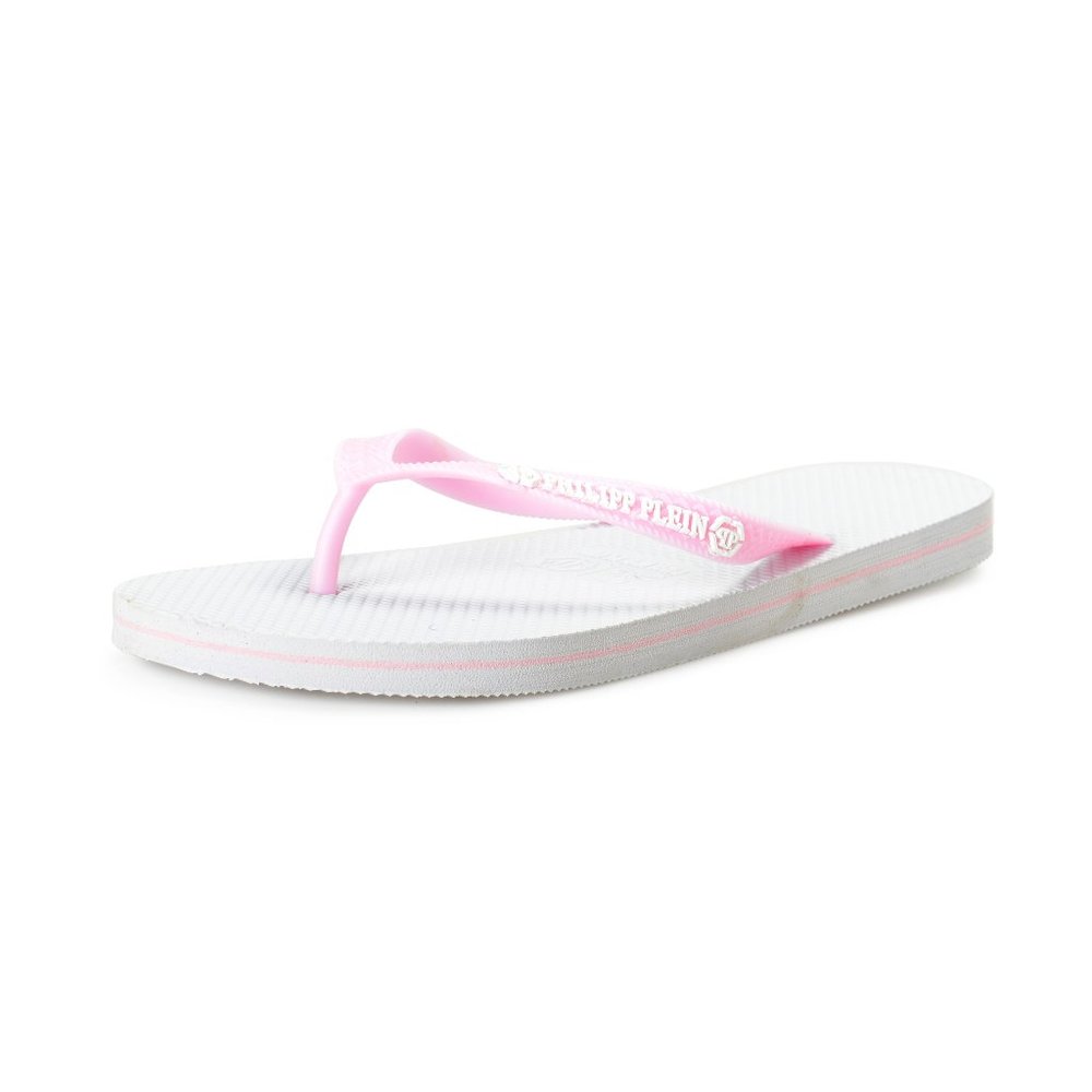Philipp Plein Women's White/Pink Rubber Logo Print Flip Flops Shoes